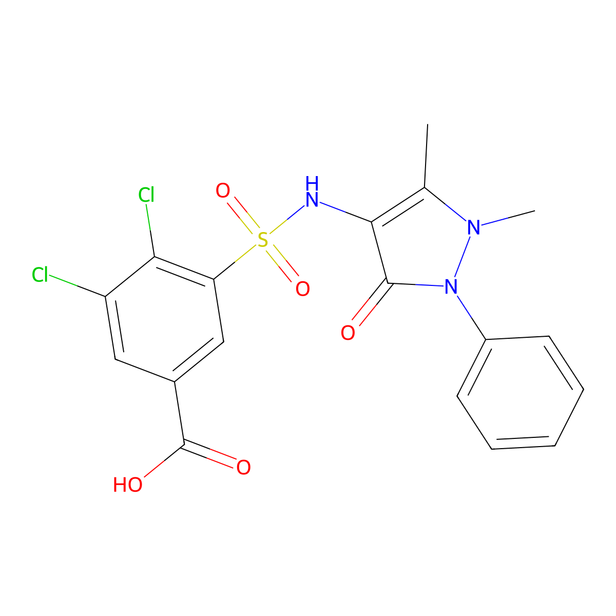 3,4-dichloro-5-[(1,5-dimethyl-3-oxo-2-phenyl-2,3-dihydro-1H-pyrazol-4-yl)sulfamoyl]benzoic acid molecular structure, CAS 380349-12-2