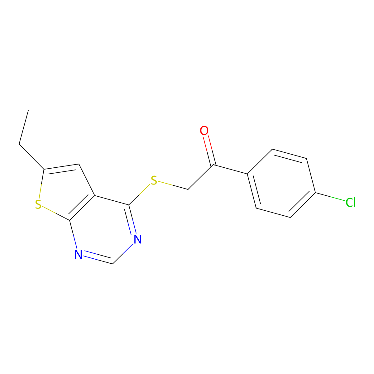 1-(4-Chlorophenyl)-2-(6-ethylthieno[2,3-d]pyrimidin-4-yl)sulfanylethanone molecular structure, CAS 380351-89-3