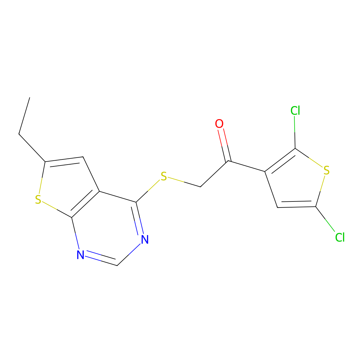 1-(2,5-Dichlorothiophen-3-yl)-2-(6-ethylthieno[2,3-d]pyrimidin-4-yl)sulfanylethanone molecular structure, CAS 380352-01-2