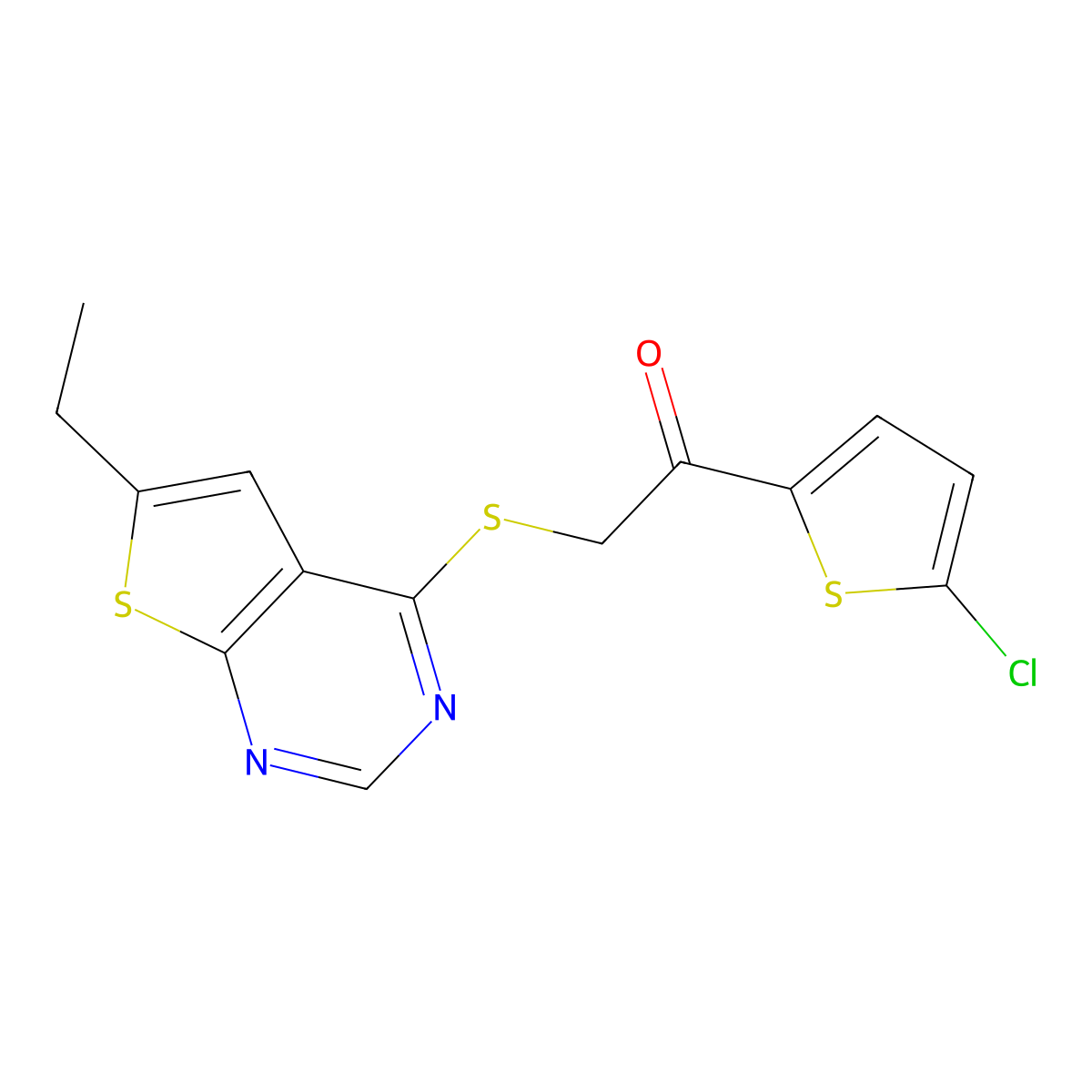 1-(5-Chlorothiophen-2-yl)-2-(6-ethylthieno[2,3-d]pyrimidin-4-yl)sulfanylethanone molecular structure, CAS 380352-35-2