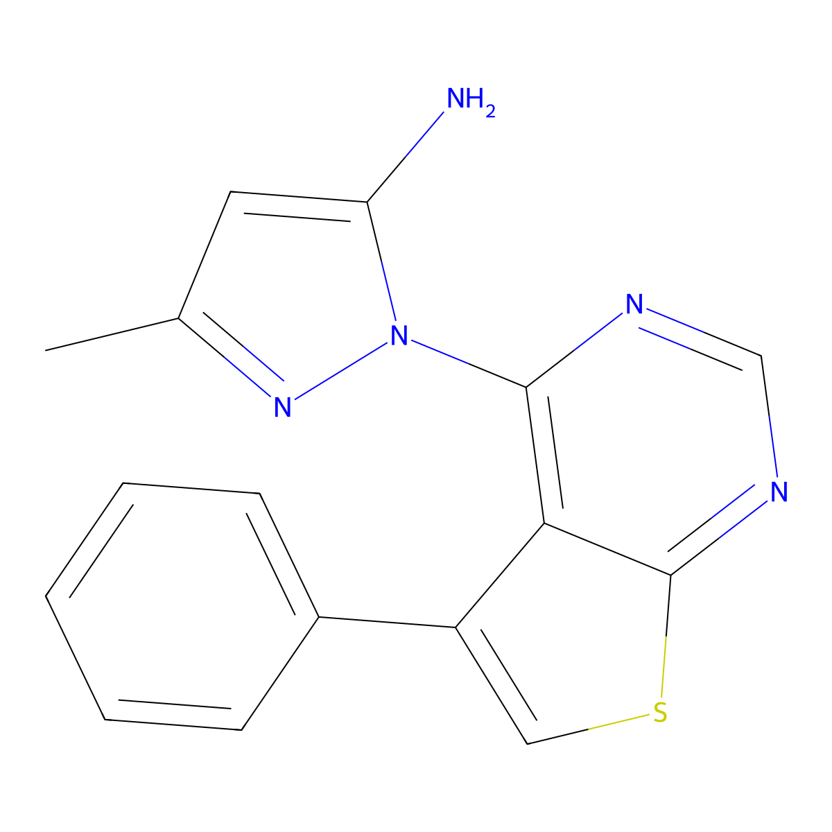 5-Methyl-2-(5-phenylthieno[2,3-d]pyrimidin-4-yl)pyrazol-3-amine molecular structure, CAS 380380-18-7