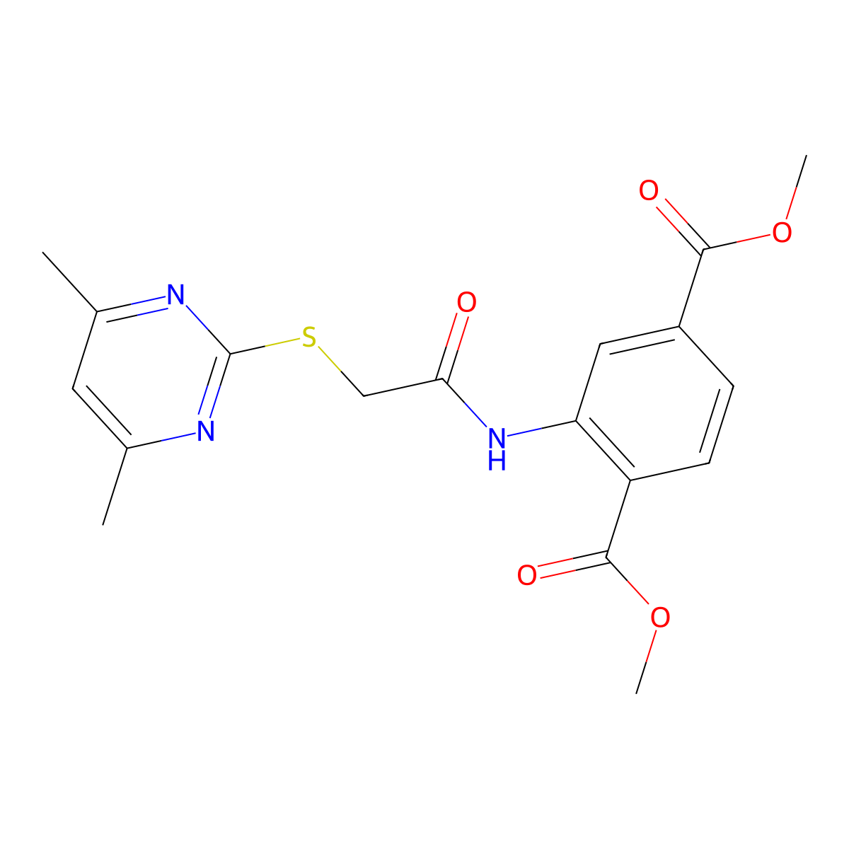 Dimethyl 2-(2-((4,6-dimethylpyrimidin-2-yl)thio)acetamido)terephthalate molecular structure, CAS 380386-81-2