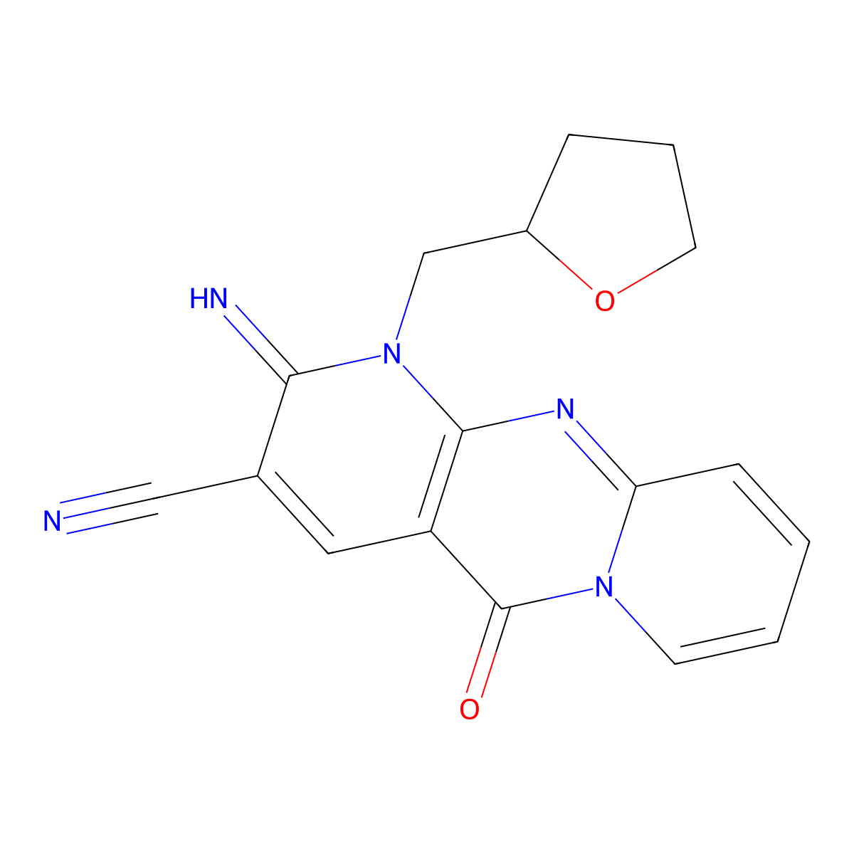 2-Imino-5-oxo-1-(tetrahydro-2-furanylmethyl)-1,5-dihydro-2H-dipyrido(1,2-A:2,3-D)pyrimidine-3-carbonitrile molecular structure, CAS 380389-92-4