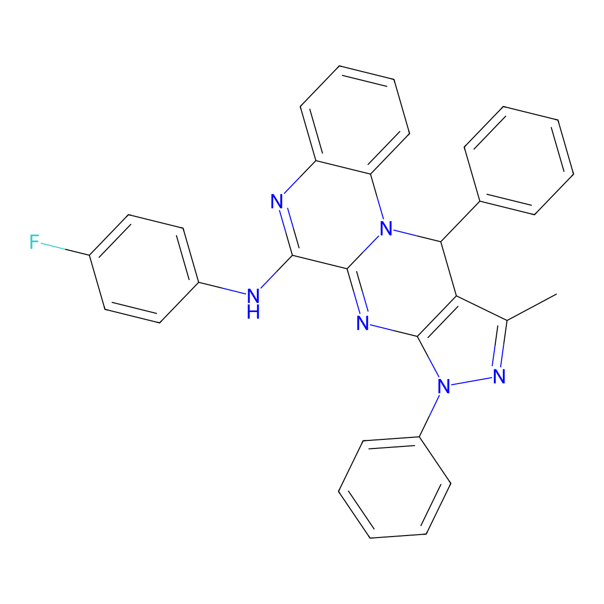 N-(4-fluorophenyl)-10-methyl-8,11-diphenyl-8,11-dihydropyrazolo[3',4':4,5]pyrimido[1,2-a]quinoxalin-6-amine molecular structure, CAS 380421-94-3