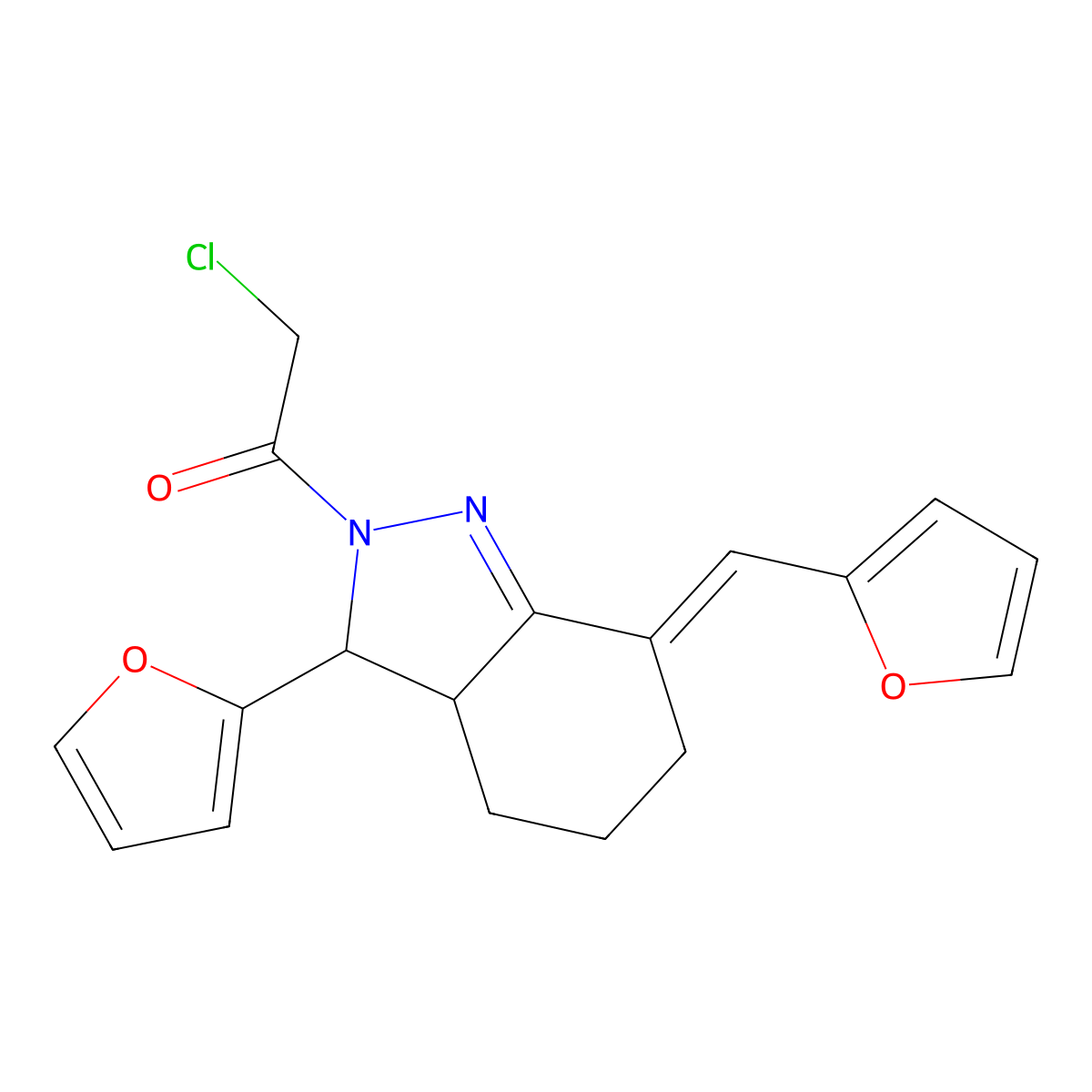 2-chloro-1-[3-(furan-2-yl)-7-(furan-2-ylmethylidene)-3a,4,5,6-tetrahydro-3H-indazol-2-yl]ethanone molecular structure, CAS 380431-18-5