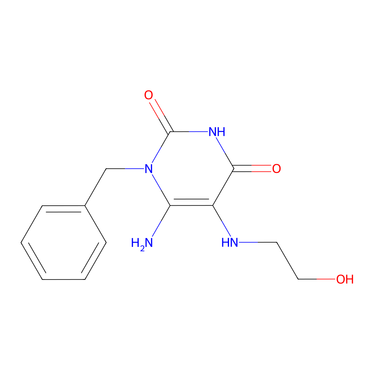 6-Amino-1-benzyl-5-[(2-hydroxyethyl)amino]-1,2,3,4-tetrahydropyrimidine-2,4-dione molecular structure, CAS 380433-19-2