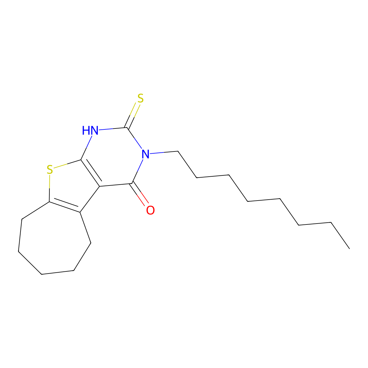 4-Octyl-5-sulfanyl-8-thia-4,6-diazatricyclo[7.5.0.0,2,7]tetradeca-1(9),2(7),5-trien-3-one molecular structure, CAS 380437-06-9
