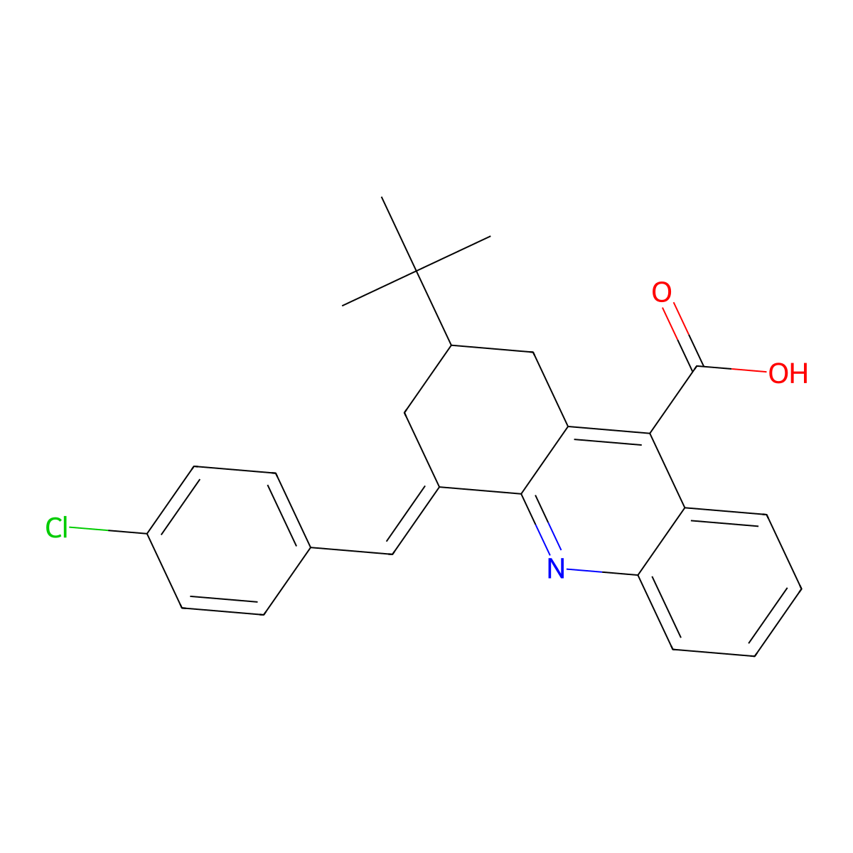 2-Tert-butyl-4-[(4-chlorophenyl)methylidene]-1,2,3,4-tetrahydroacridine-9-carboxylic acid molecular structure, CAS 380437-35-4