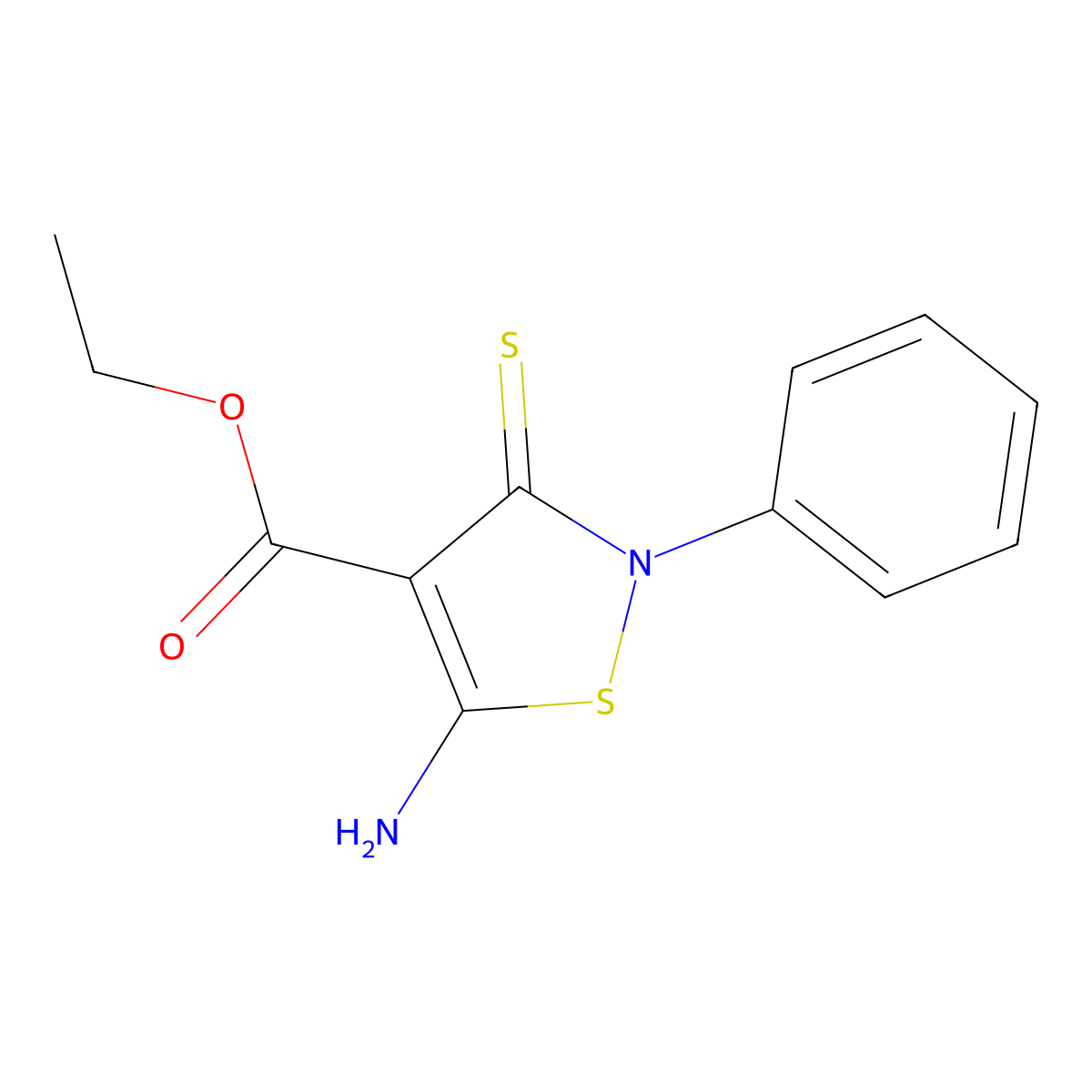 Ethyl 5-amino-2-phenyl-3-sulfanylidene-2,3-dihydro-1,2-thiazole-4-carboxylate molecular structure, CAS 380442-79-5