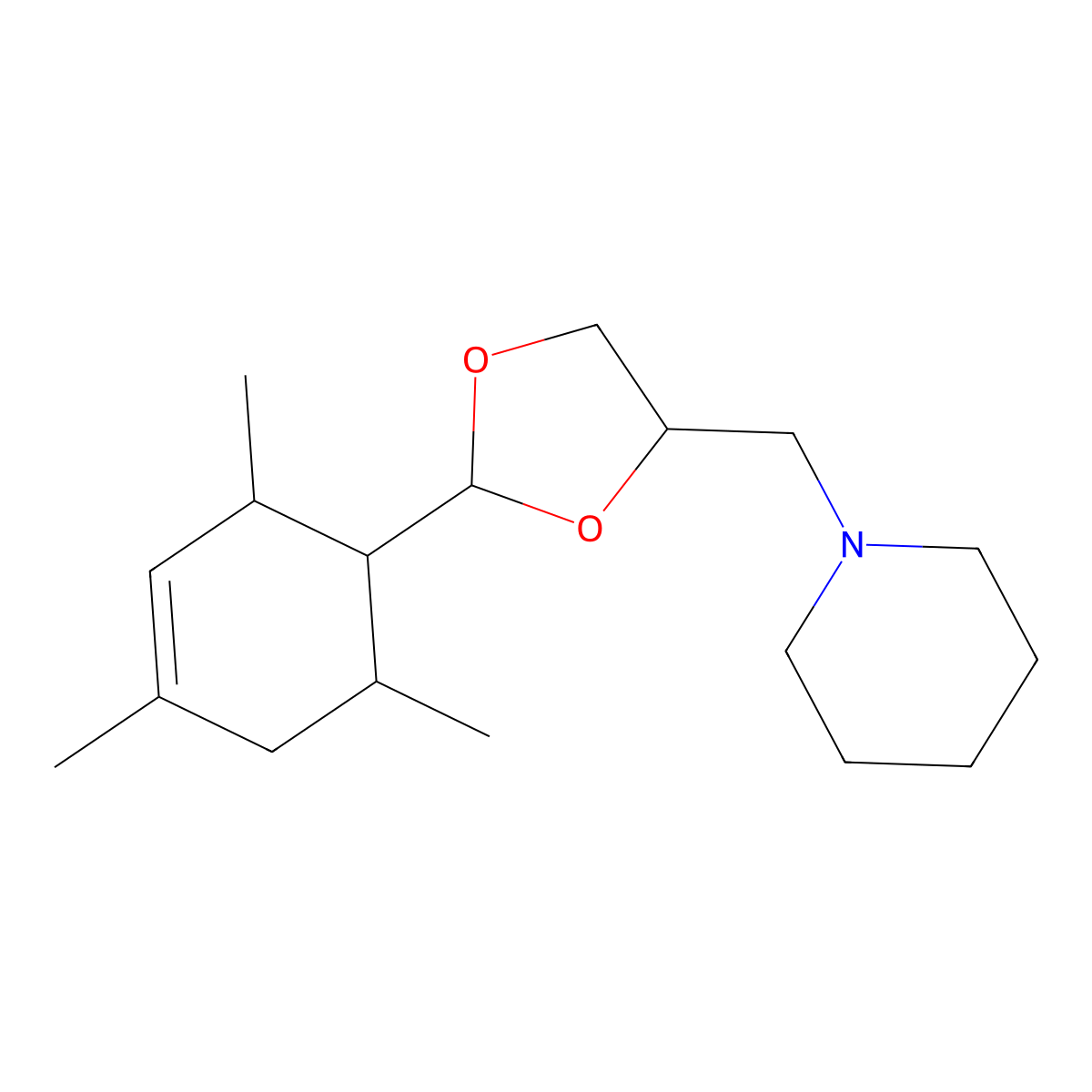 1,3-Dioxolane, 2-(2,4,6-trimethylcyclohex-3-enyl)-4-(1-piperidylmethyl)- molecular structure, CAS 380443-46-9