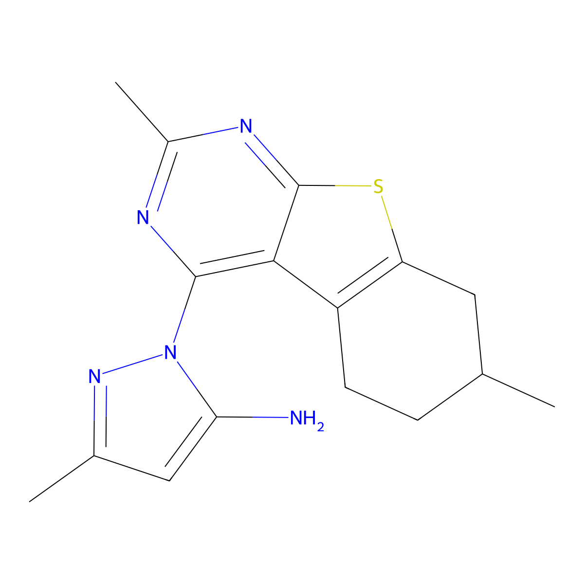 1-{5,11-dimethyl-8-thia-4,6-diazatricyclo[7.4.0.0^{2,7}]trideca-1(9),2(7),3,5-tetraen-3-yl}-3-methyl-1H-pyrazol-5-amine molecular structure, CAS 380443-55-0