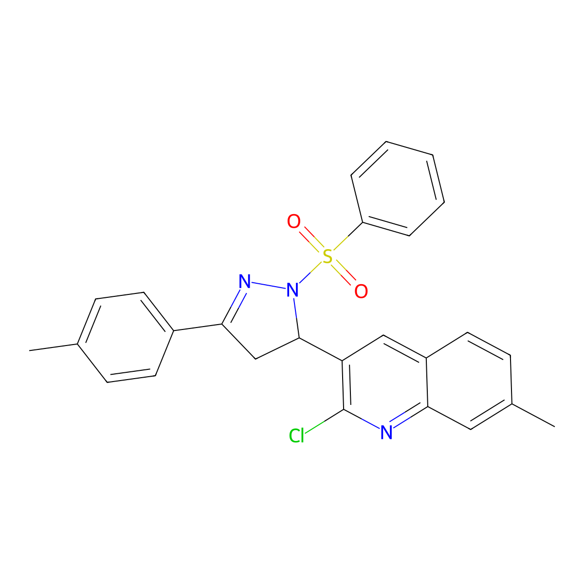 2-chloro-7-methyl-3-(1-(phenylsulfonyl)-3-(p-tolyl)-4,5-dihydro-1H-pyrazol-5-yl)quinoline molecular structure, CAS 380446-19-5