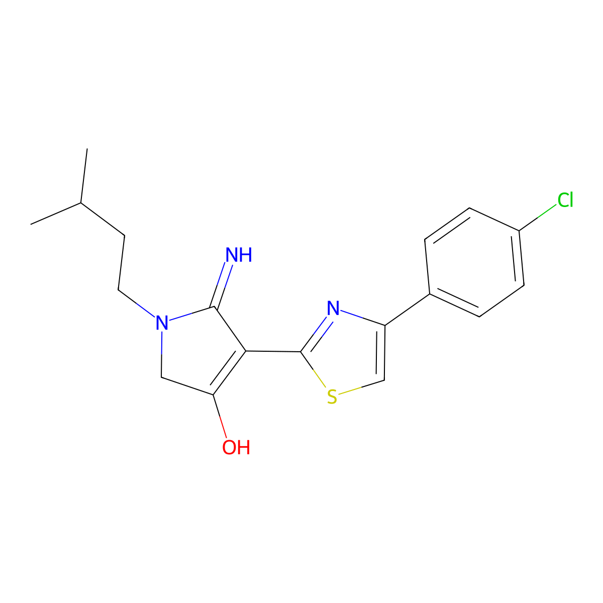 5-amino-4-[4-(4-chlorophenyl)-1,3-thiazol-2-yl]-1-(3-methylbutyl)-1,2-dihydro-3H-pyrrol-3-one molecular structure, CAS 380446-38-8