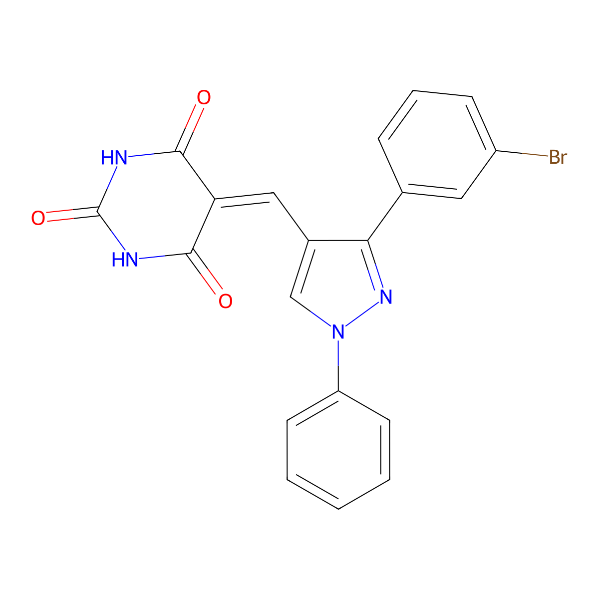 5-[[3-(3-Bromophenyl)-1-phenylpyrazol-4-yl]methylidene]-1,3-diazinane-2,4,6-trione molecular structure, CAS 380450-05-5
