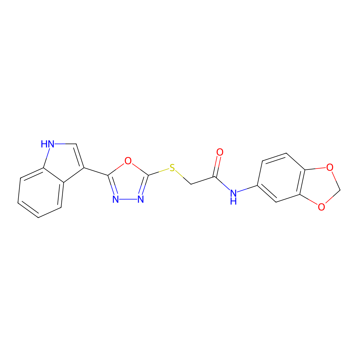 N-(1,3-dioxaindan-5-yl)-2-{[5-(1H-indol-3-yl)-1,3,4-oxadiazol-2-yl]sulfanyl}acetamide molecular structure, CAS 380451-75-2