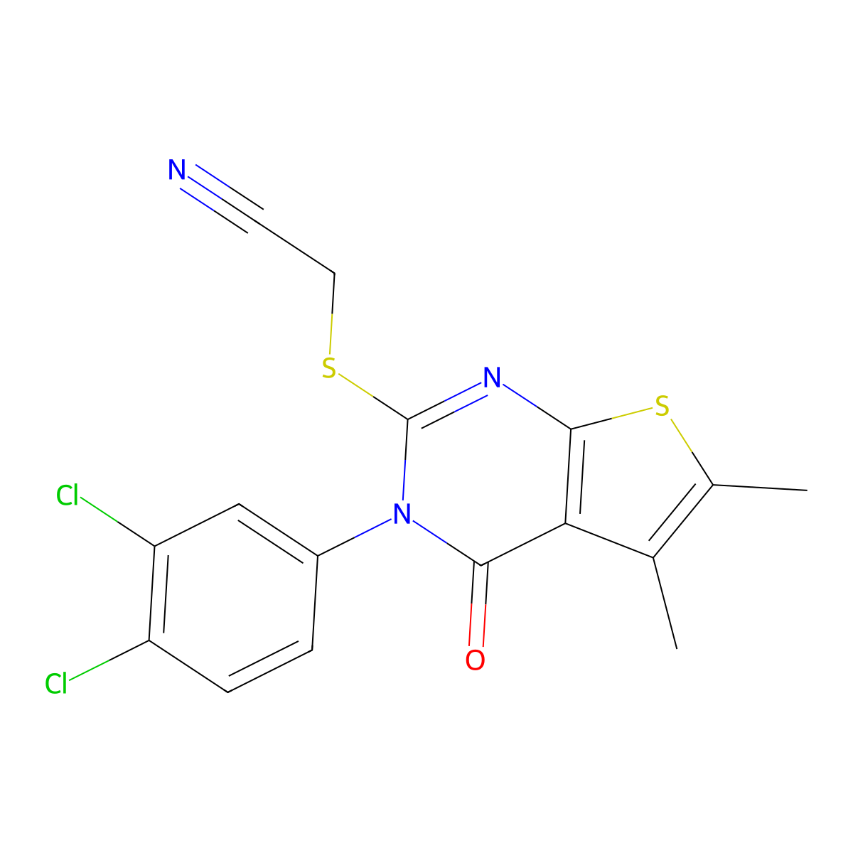 2-[3-(3,4-Dichlorophenyl)-5,6-dimethyl-4-oxothieno[2,3-d]pyrimidin-2-yl]sulfanylacetonitrile molecular structure, CAS 380452-93-7