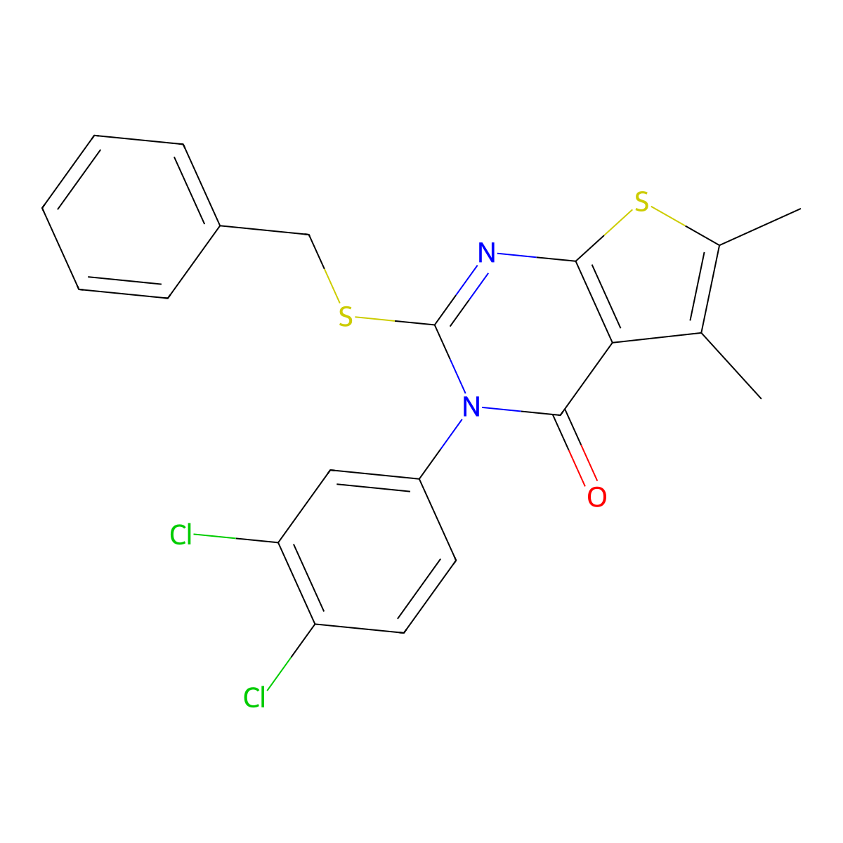 2-Benzylsulfanyl-3-(3,4-dichlorophenyl)-5,6-dimethylthieno[2,3-d]pyrimidin-4-one molecular structure, CAS 380453-22-5