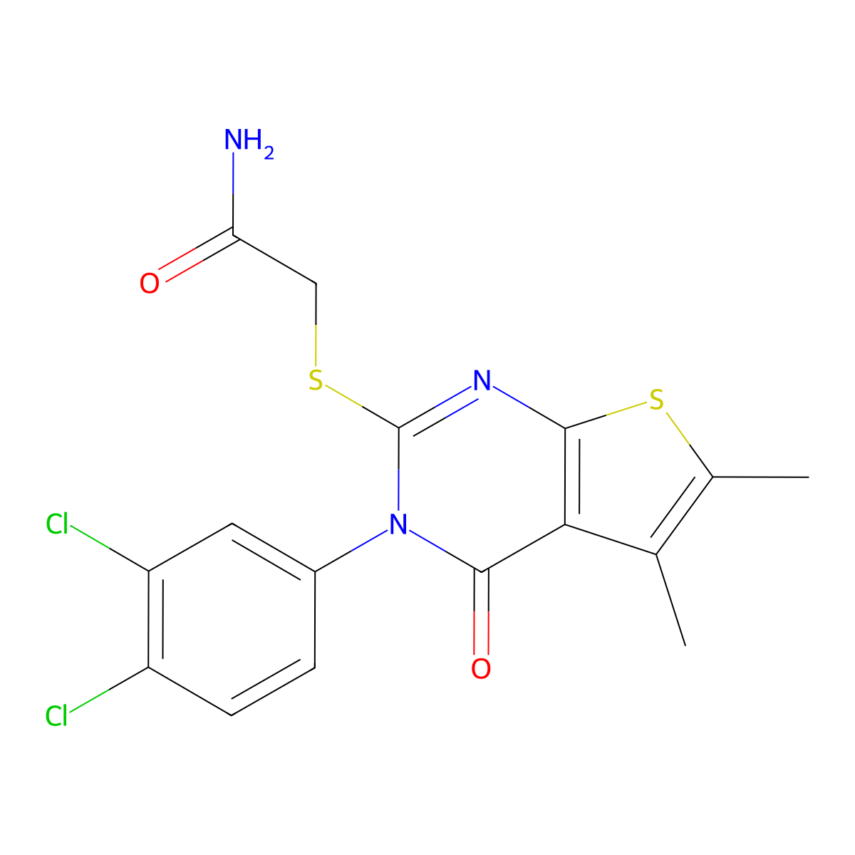 2-[3-(3,4-Dichlorophenyl)-5,6-dimethyl-4-oxothieno[2,3-d]pyrimidin-2-yl]sulfanylacetamide molecular structure, CAS 380453-34-9