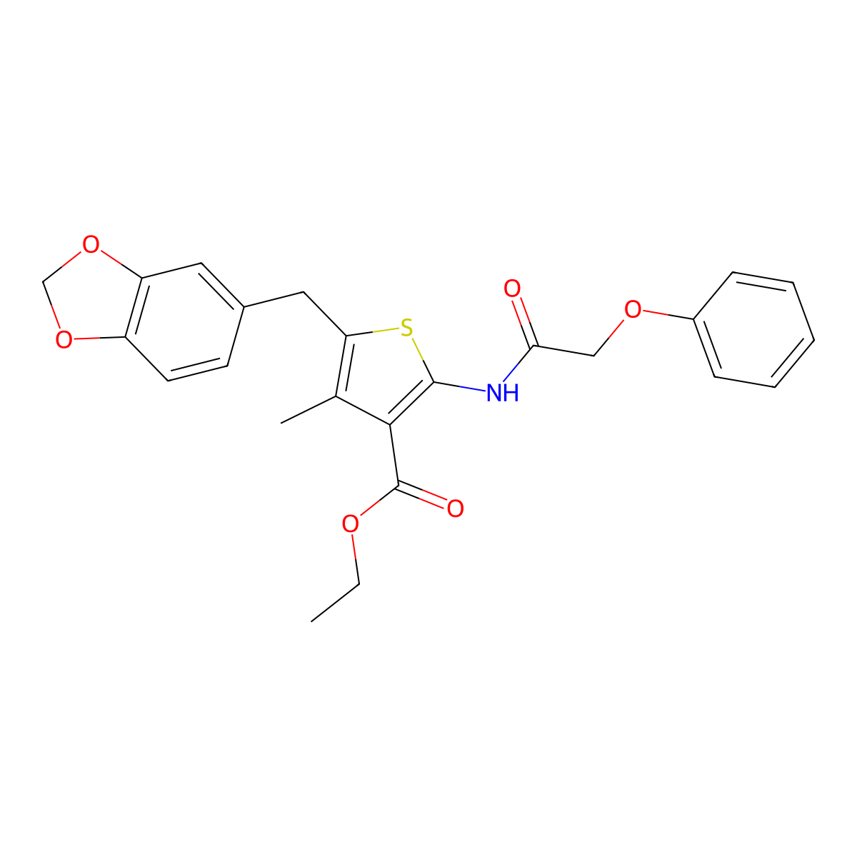 Ethyl 5-(benzo[d][1,3]dioxol-5-ylmethyl)-4-methyl-2-(2-phenoxyacetamido)thiophene-3-carboxylate molecular structure, CAS 380453-40-7