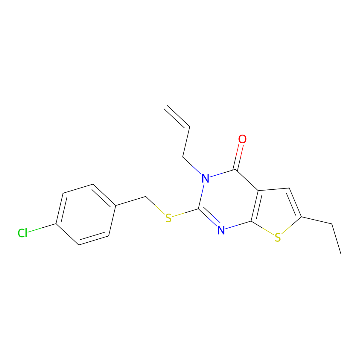 2-[(4-Chlorophenyl)methylsulfanyl]-6-ethyl-3-prop-2-enylthieno[2,3-d]pyrimidin-4-one molecular structure, CAS 380453-41-8