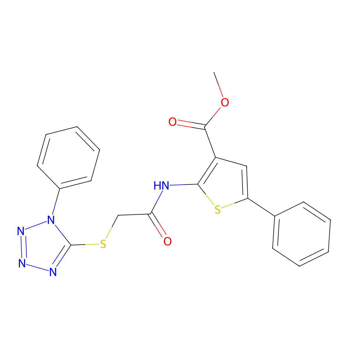 methyl 5-phenyl-2-(2-((1-phenyl-1H-tetrazol-5-yl)thio)acetamido)thiophene-3-carboxylate molecular structure, CAS 380453-62-3