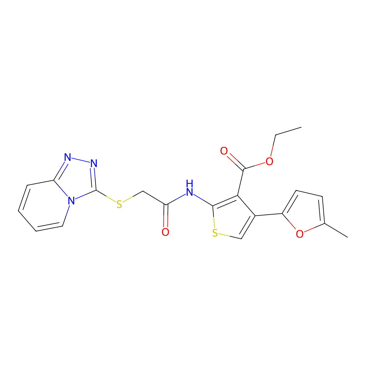Ethyl 4-(5-methylfuran-2-yl)-2-[[2-([1,2,4]triazolo[4,3-a]pyridin-3-ylsulfanyl)acetyl]amino]thiophene-3-carboxylate molecular structure, CAS 380453-63-4