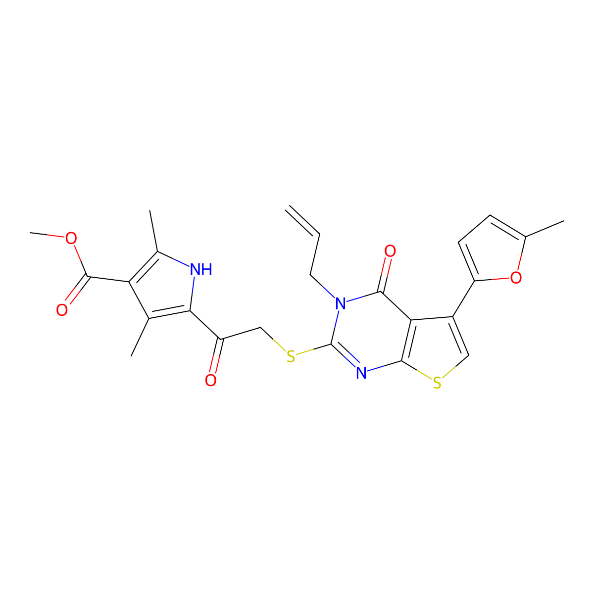 methyl 2,4-dimethyl-5-[2-[5-(5-methylfuran-2-yl)-4-oxo-3-prop-2-enylthieno[2,3-d]pyrimidin-2-yl]sulfanylacetyl]-1H-pyrrole-3-carboxylate molecular structure, CAS 380453-65-6