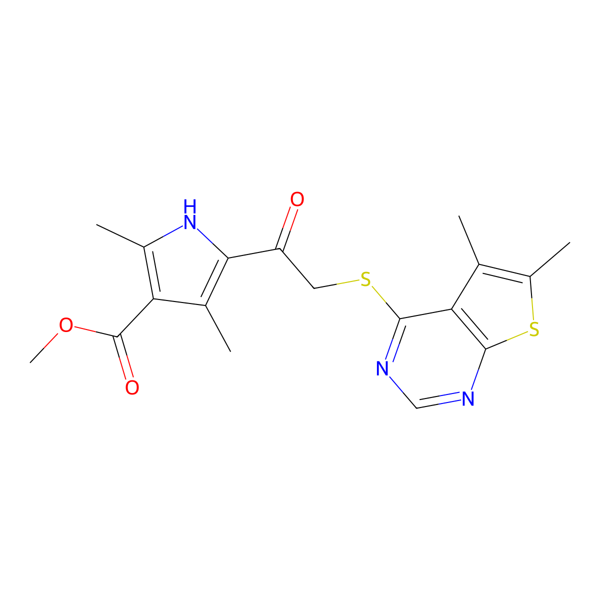 methyl 5-[2-({5,6-dimethylthieno[2,3-d]pyrimidin-4-yl}sulfanyl)acetyl]-2,4-dimethyl-1H-pyrrole-3-carboxylate molecular structure, CAS 380453-76-9