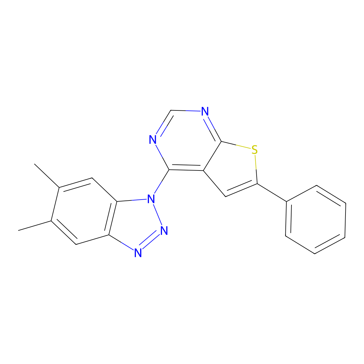 5,6-dimethyl-1-{6-phenylthieno[2,3-d]pyrimidin-4-yl}-1H-1,2,3-benzotriazole molecular structure, CAS 380454-95-5