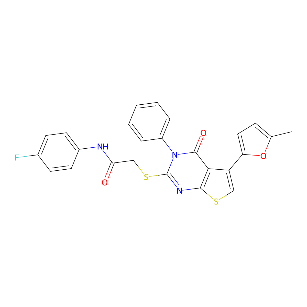N-(4-fluorophenyl)-2-[5-(5-methylfuran-2-yl)-4-oxo-3-phenylthieno[2,3-d]pyrimidin-2-yl]sulfanylacetamide molecular structure, CAS 380454-97-7