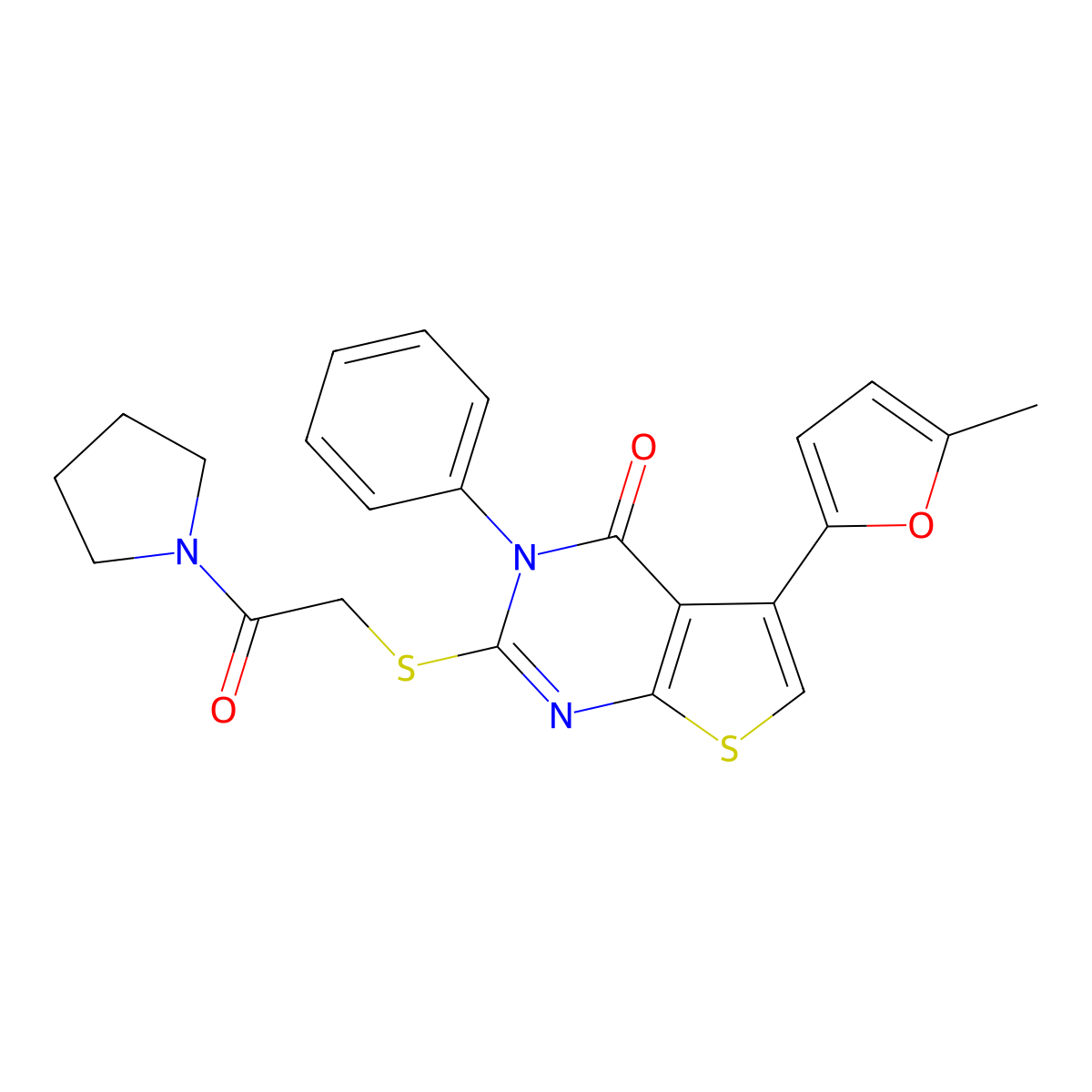 5-(5-methylfuran-2-yl)-2-((2-oxo-2-(pyrrolidin-1-yl)ethyl)thio)-3-phenylthieno[2,3-d]pyrimidin-4(3H)-one molecular structure, CAS 380455-01-6