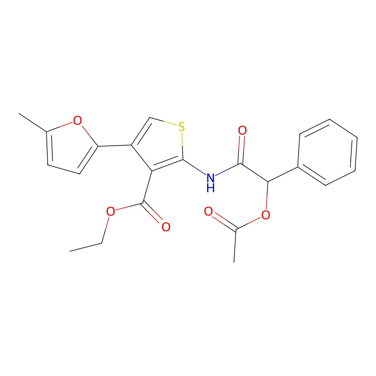 Ethyl 2-(2-acetoxy-2-phenylacetamido)-4-(5-methylfuran-2-yl)thiophene-3-carboxylate molecular structure, CAS 380455-06-1