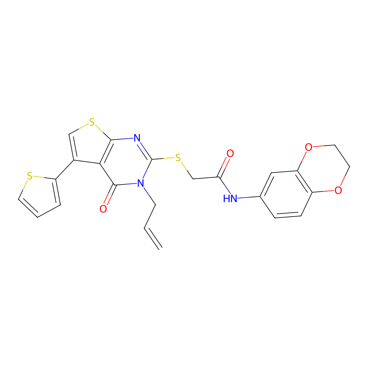 2-((3-allyl-4-oxo-5-(thiophen-2-yl)-3,4-dihydrothieno[2,3-d]pyrimidin-2-yl)thio)-N-(2,3-dihydrobenzo[b][1,4]dioxin-6-yl)acetamide molecular structure, CAS 380455-07-2