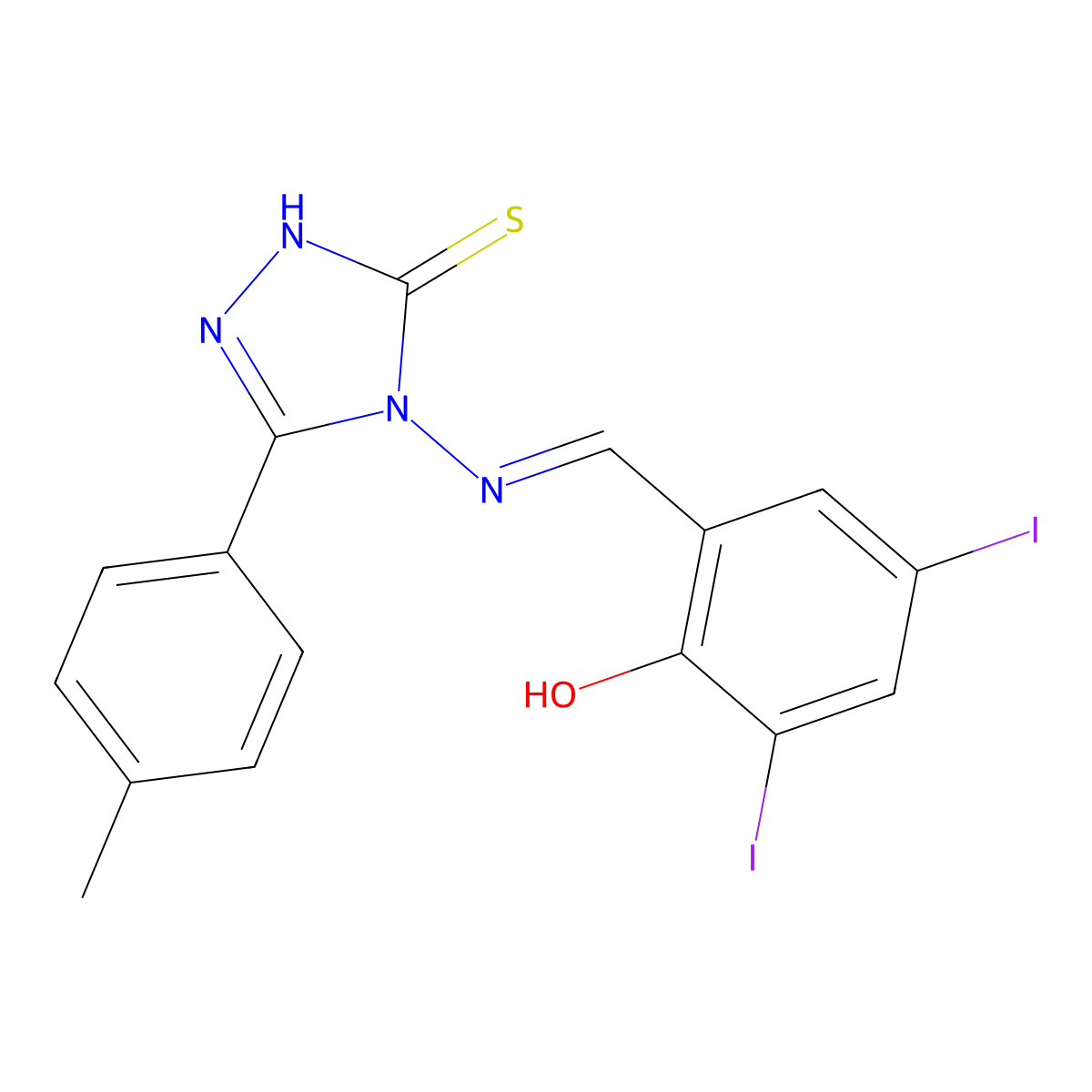 2-{(1Z)-2-[5-(4-methylphenyl)-3-sulfanyl(1,2,4-triazol-4-yl)]-2-azavinyl}-4,6-diiodophenol molecular structure, CAS 380455-35-6