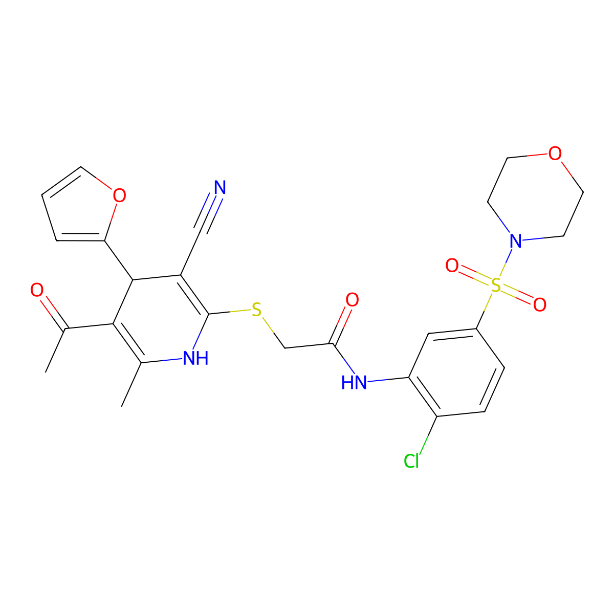 2-((5-acetyl-3-cyano-4-(furan-2-yl)-6-methyl-1,4-dihydropyridin-2-yl)thio)-N-(2-chloro-5-(morpholinosulfonyl)phenyl)acetamide molecular structure, CAS 380461-48-3