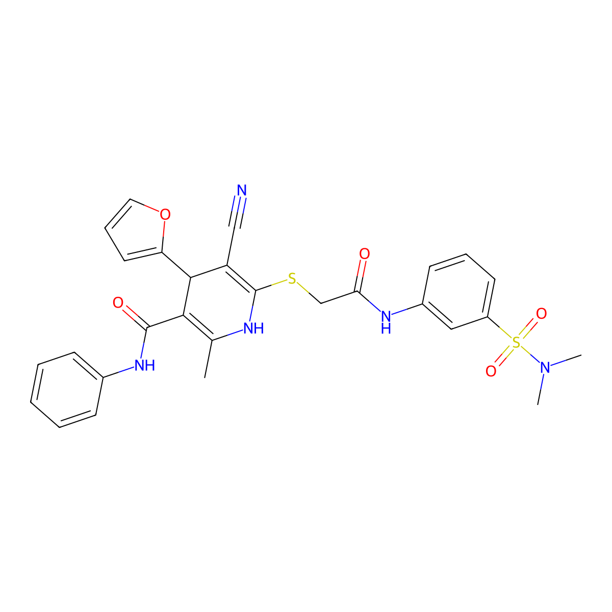 5-cyano-6-((2-((3-(N,N-dimethylsulfamoyl)phenyl)amino)-2-oxoethyl)thio)-4-(furan-2-yl)-2-methyl-N-phenyl-1,4-dihydropyridine-3-carboxamide molecular structure, CAS 380461-50-7