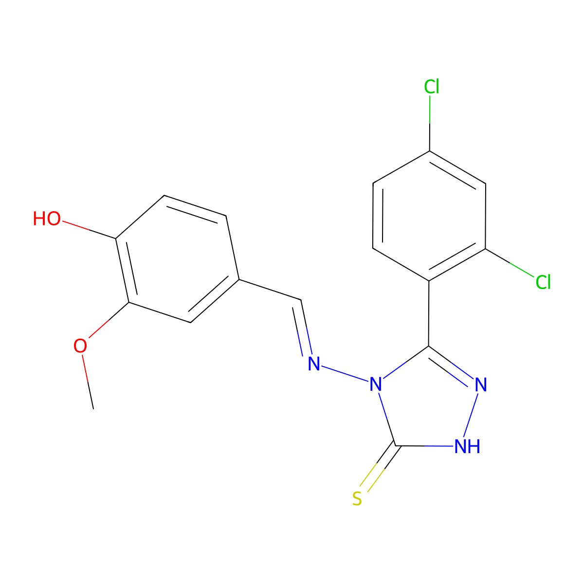 4-{(1E)-2-[5-(2,4-dichlorophenyl)-3-sulfanyl(1,2,4-triazol-4-yl)]-2-azavinyl}-2-methoxyphenol molecular structure, CAS 380461-67-6