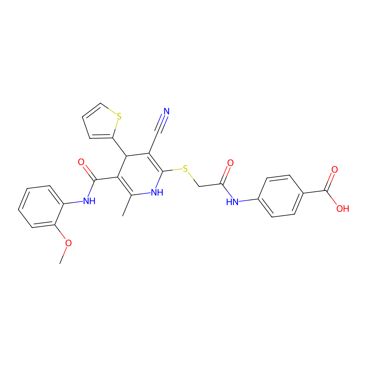 4-(2-((3-Cyano-5-((2-methoxyphenyl)carbamoyl)-6-methyl-4-(thiophen-2-yl)-1,4-dihydropyridin-2-yl)thio)acetamido)benzoic acid molecular structure, CAS 380461-78-9