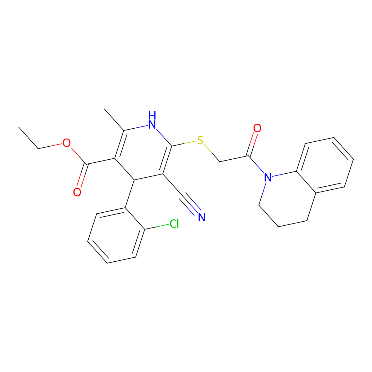 ethyl 4-(2-chlorophenyl)-5-cyano-6-((2-(3,4-dihydroquinolin-1(2H)-yl)-2-oxoethyl)thio)-2-methyl-1,4-dihydropyridine-3-carboxylate molecular structure, CAS 380461-89-2