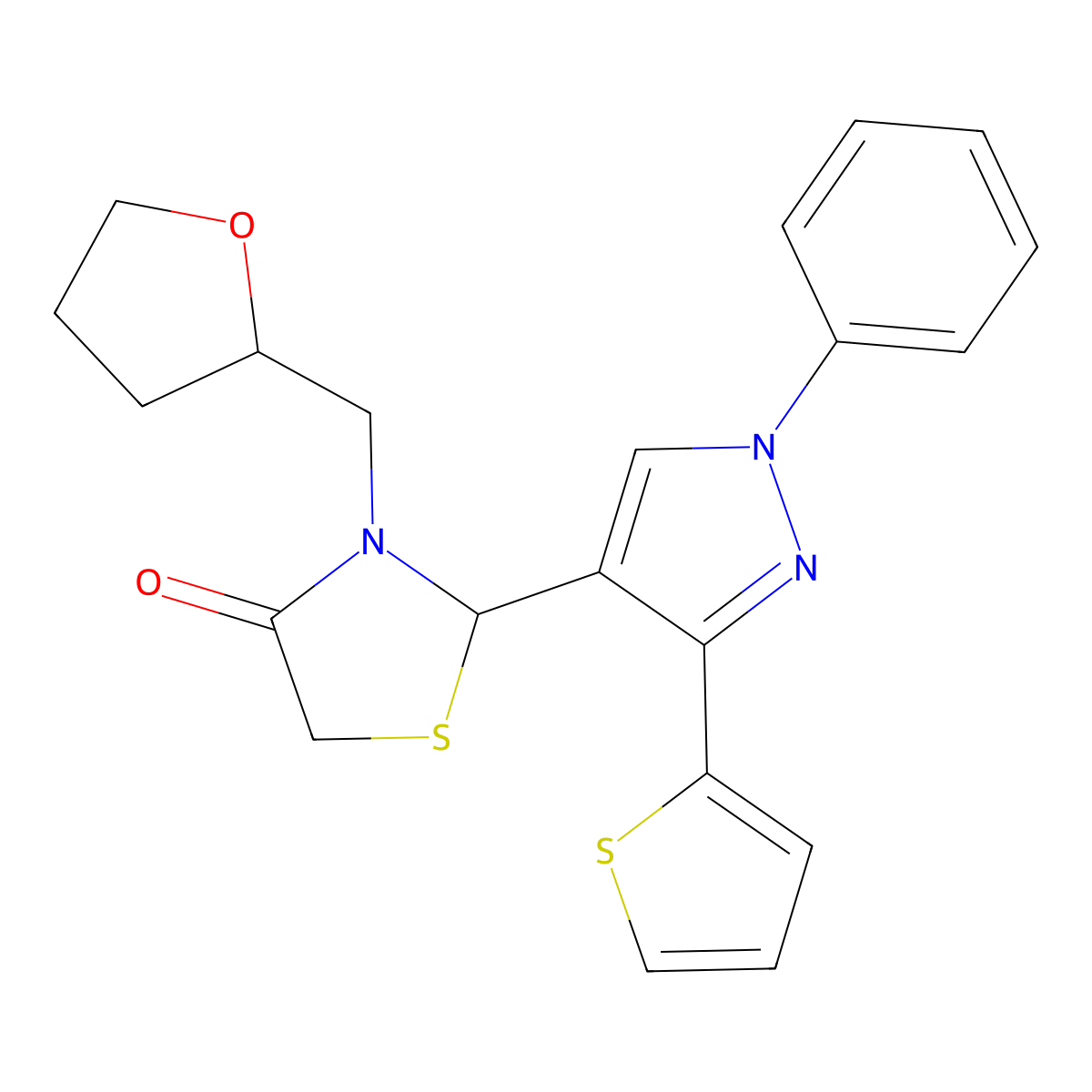 2-(1-Phenyl-3-(thiophen-2-yl)-1H-pyrazol-4-yl)-3-((tetrahydrofuran-2-yl)methyl)thiazolidin-4-one molecular structure, CAS 380471-87-4