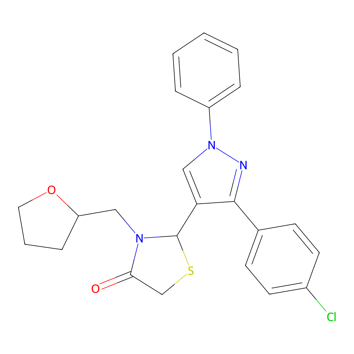 2-(3-(4-Chlorophenyl)-1-phenyl-1H-pyrazol-4-yl)-3-((tetrahydrofuran-2-yl)methyl)thiazolidin-4-one molecular structure, CAS 380483-01-2