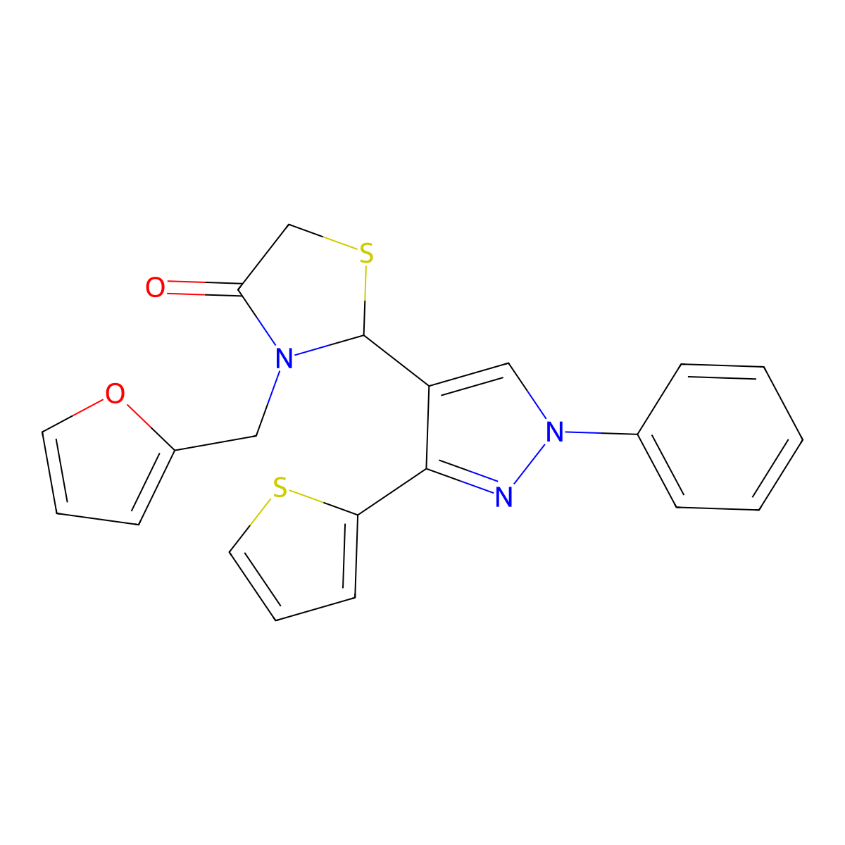 3-(furan-2-ylmethyl)-2-(1-phenyl-3-(thiophen-2-yl)-1H-pyrazol-4-yl)thiazolidin-4-one molecular structure, CAS 380483-23-8