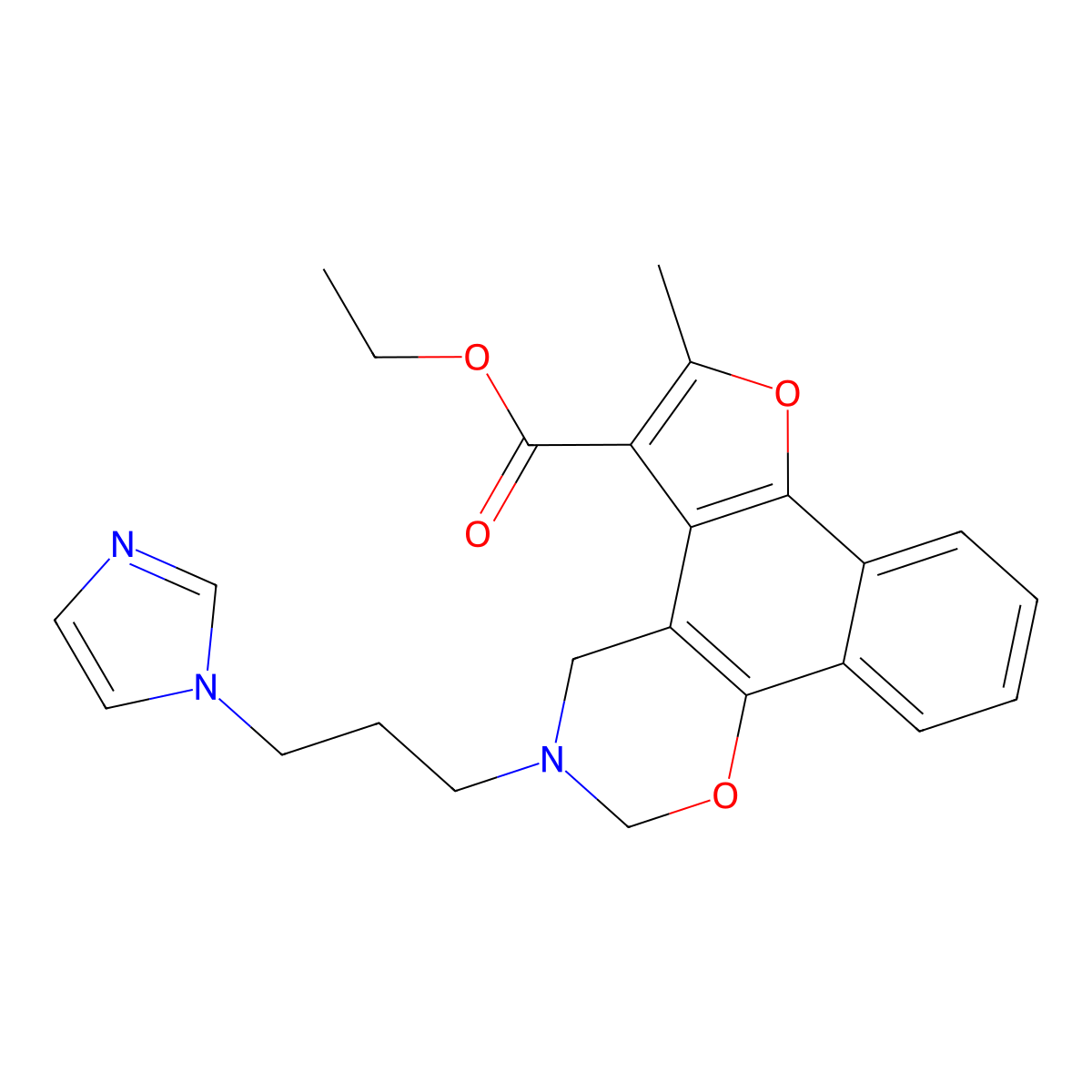 ethyl 3-[3-(1H-imidazol-1-yl)propyl]-6-methyl-3,4-dihydro-2H-furo[3',2':3,4]naphtho[2,1-e][1,3]oxazine-5-carboxylate molecular structure, CAS 380539-10-6