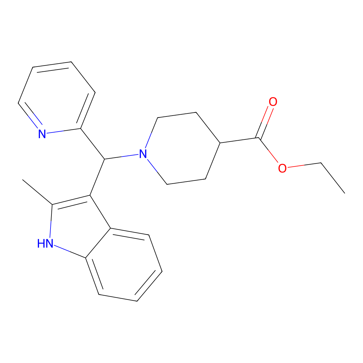 ethyl 1-((2-methyl-1H-indol-3-yl)(pyridin-2-yl)methyl)piperidine-4-carboxylate molecular structure, CAS 380539-15-1