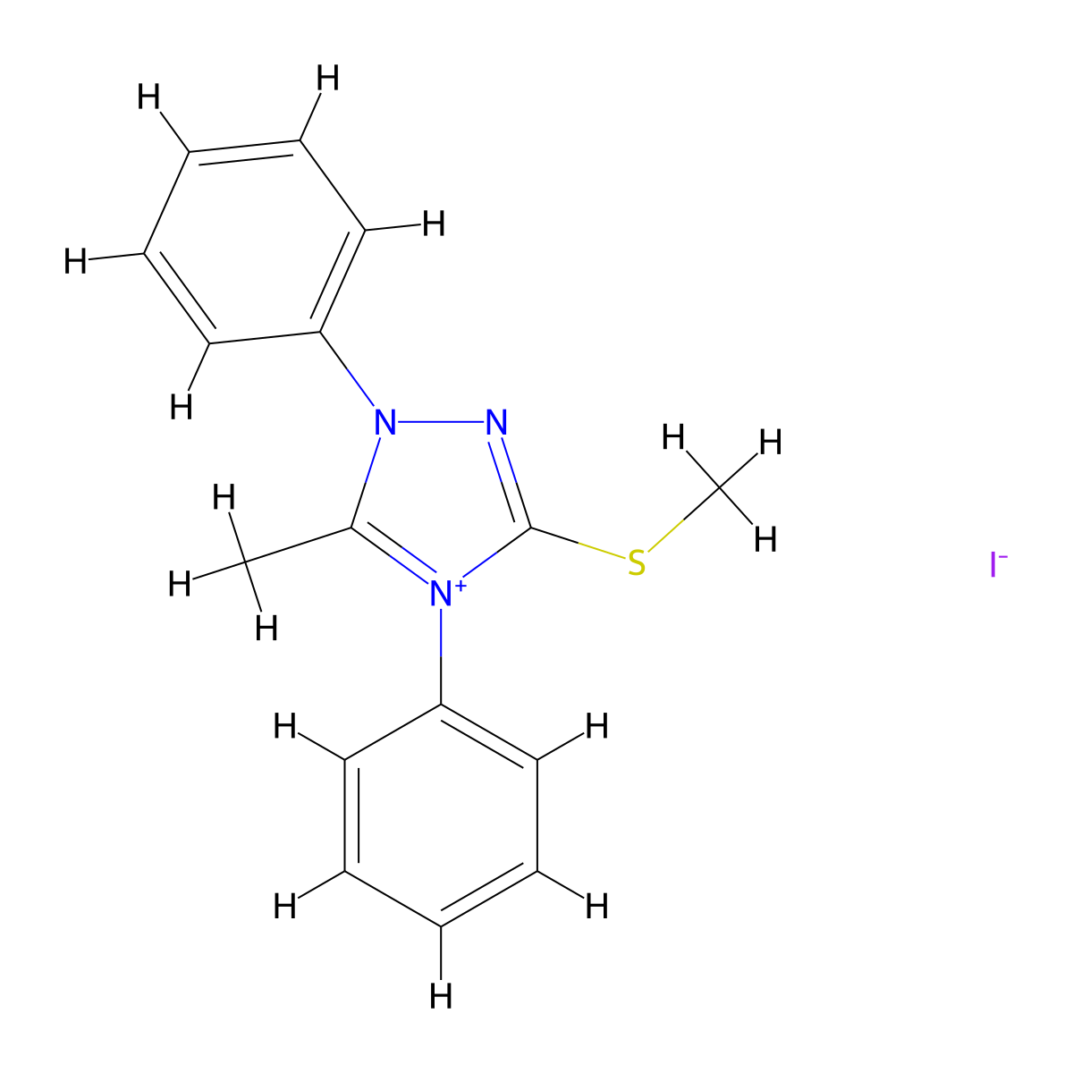 5-Methyl-3-(methylthio)-1,4-diphenyl-1H-1,2,4-triazolium iodide molecular structure, CAS 38054-60-3