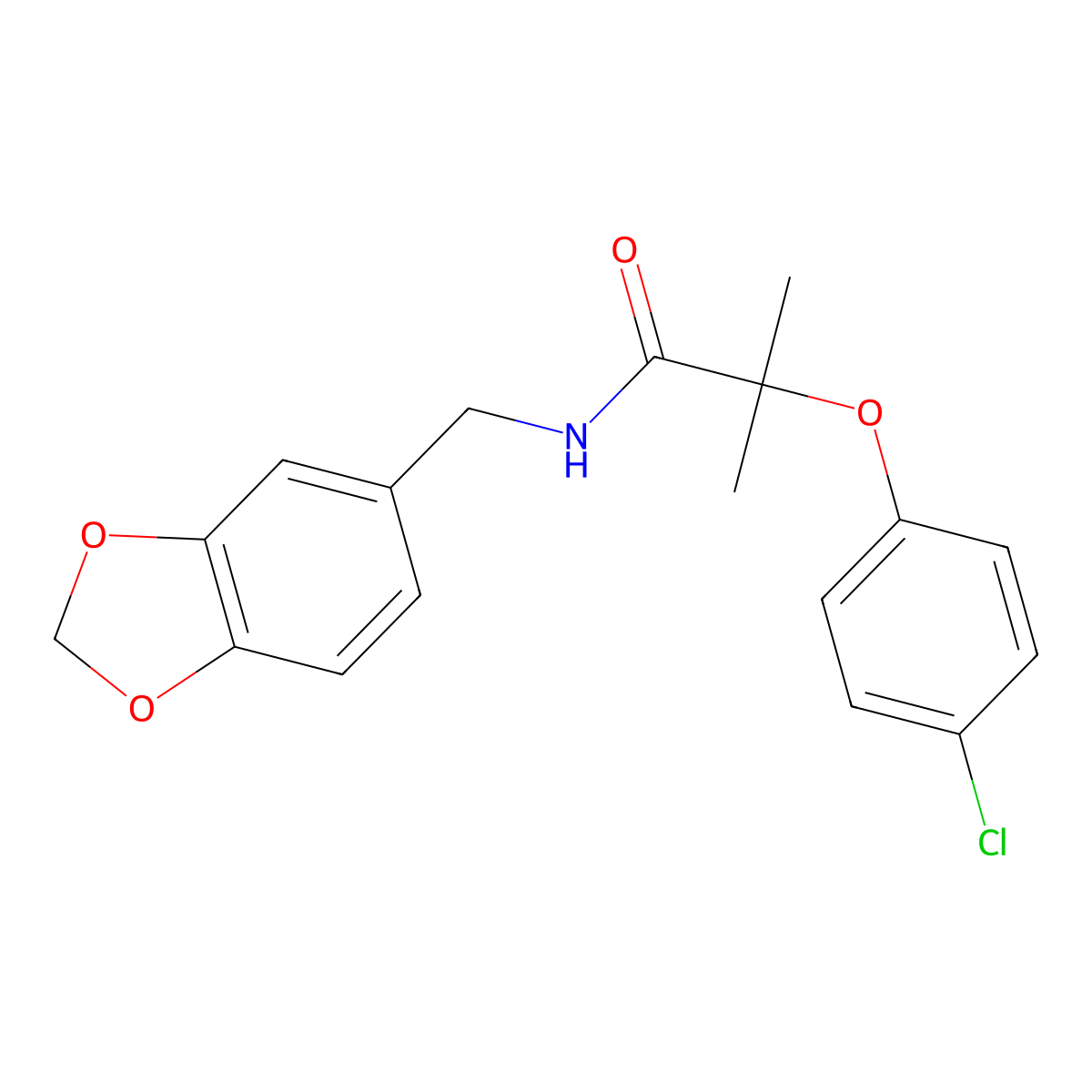 N-(1,3-benzodioxol-5-ylmethyl)-2-(4-chlorophenoxy)-2-methylpropanamide molecular structure, CAS 380543-06-6