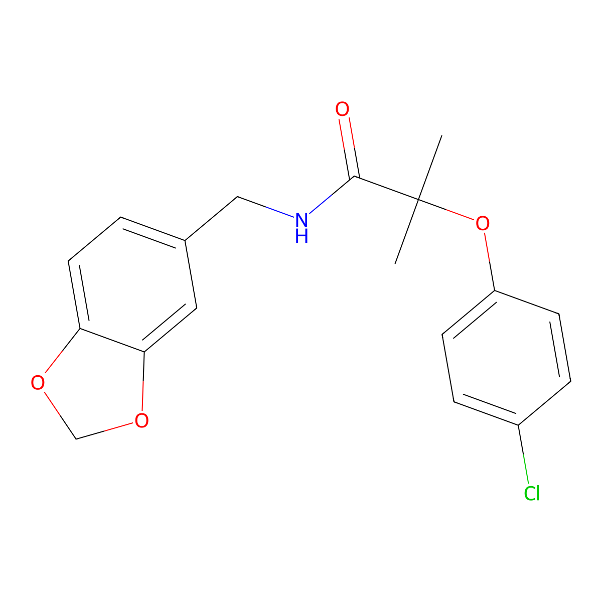 N-(1,3-benzodioxol-5-ylmethyl)-2-(4-chlorophenoxy)-2-methylpropanamide molecular structure, CAS 380543-06-6