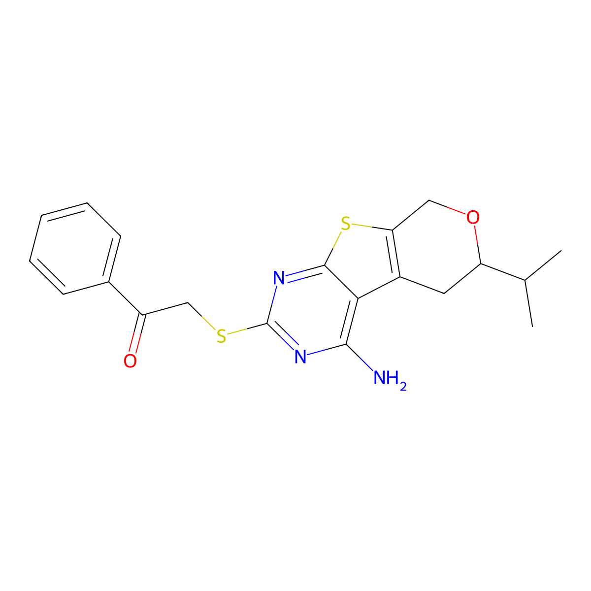 2-{[4-amino-6-(propan-2-yl)-5,8-dihydro-6H-pyrano[4',3':4,5]thieno[2,3-d]pyrimidin-2-yl]sulfanyl}-1-phenylethanone molecular structure, CAS 380553-73-1