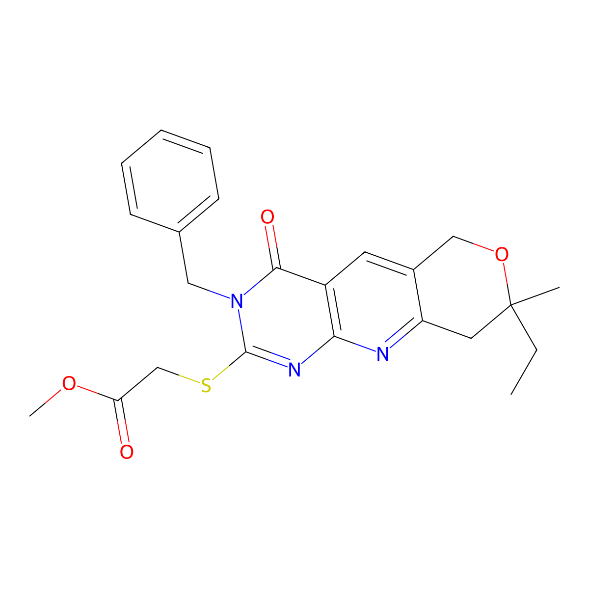 Methyl 2-[(3-benzyl-8-ethyl-8-methyl-4-oxo-6,9-dihydropyrano[3,4]pyrido[3,5-b]pyrimidin-2-yl)sulfanyl]acetate molecular structure, CAS 380555-74-8
