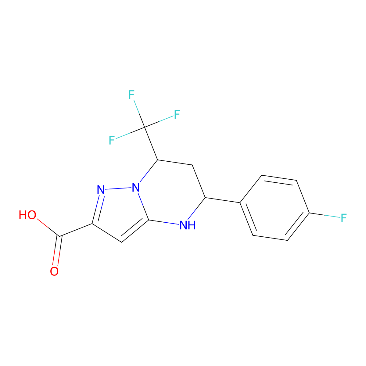 5-(4-Fluorophenyl)-7-(trifluoromethyl)-4,5,6,7-tetrahydropyrazolo[1,5-a]pyrimidine-2-carboxylic acid molecular structure, CAS 380559-15-9